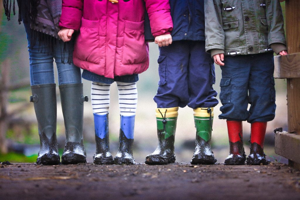 Children's feet in rainboots