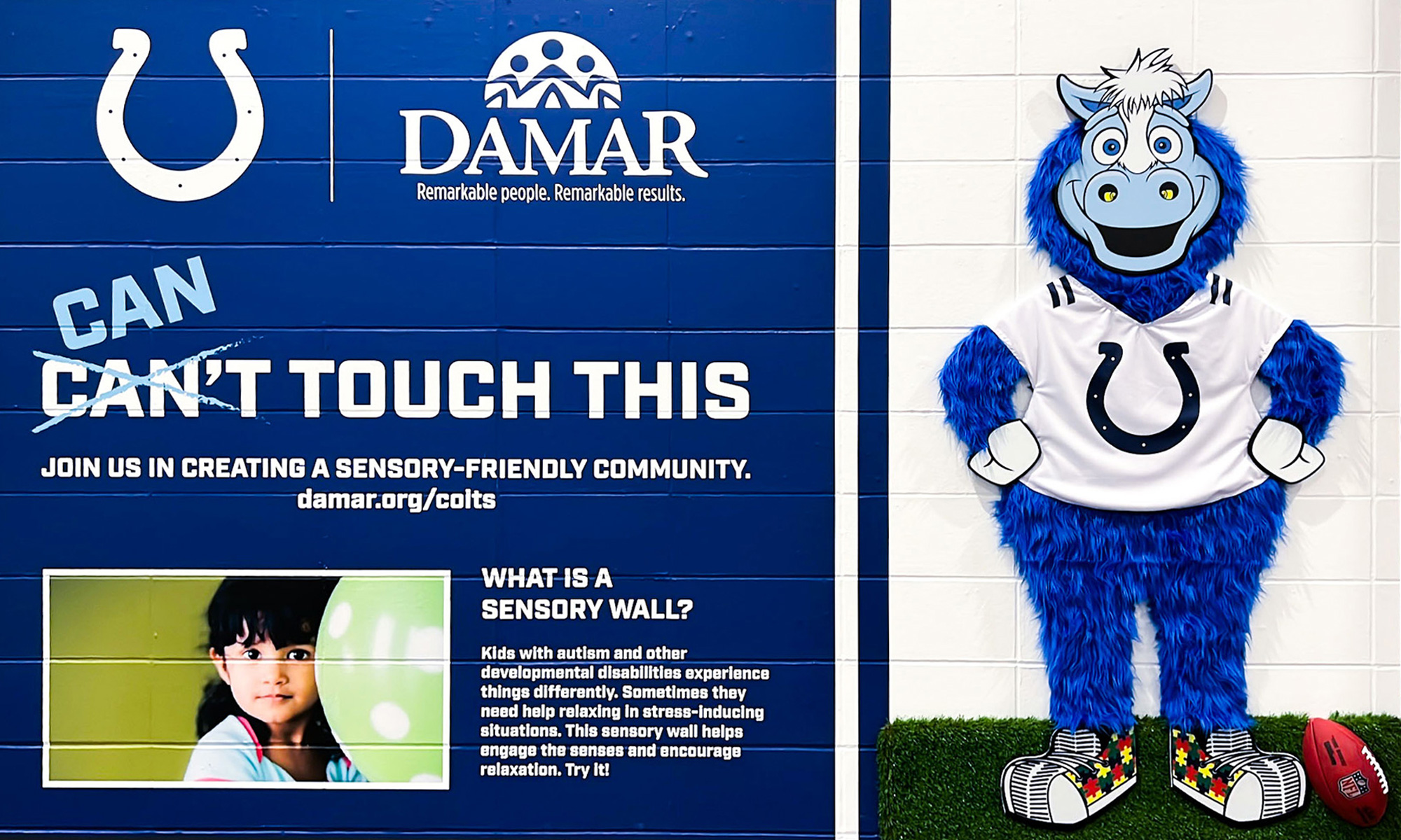 Damar and Indianapolis Colts sensory wall featuring Blue at Lucas Oil Stadium