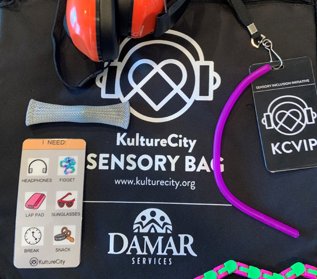 Sensory kit containing tools to help fans manage sensory needs